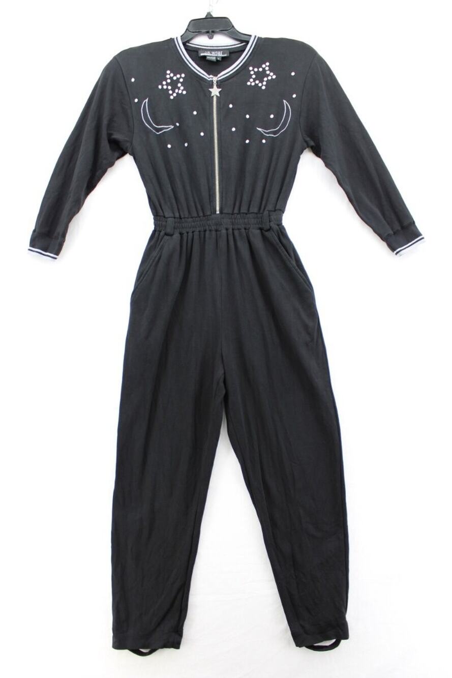 VTG Y2K SK Wear Jumpsuit Small Black Cotton Knit Stirrups Stars Moons Celestial